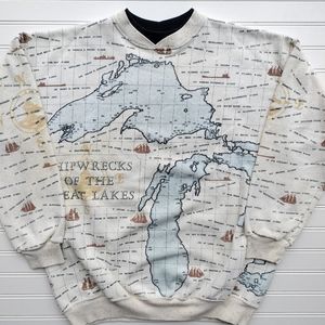 Vintage Art Unlimited Shipwrecks Of The Great Lakes All Over Print Crewneck